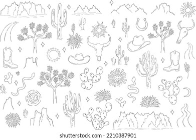 Black hand drawn set of desert elements. Cartoon collection of southwest american cactus and mountains. Vector isolated clipart of western illustrations on white background