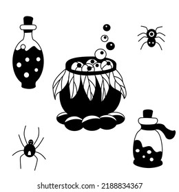 Mano negra dibujada con un caldero de bruja, botellas de veneno y arañas. Ilustración vectorial para tarjeta de saludo de Halloween, afiches.