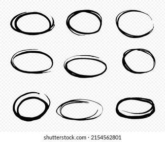 Black hand drawn shapes of oval for logo design over transparent background. Vector illustration with copy space. 