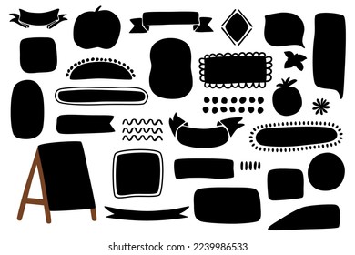 Schwarze, handgezeichnete Formen, gezeichnet mit Skizze, Karton, Bänder, raue Randbanner, Kreise, oval, Rechteck-Set. Schwarze Formen, Vektordesign-Elemente für Inschriften. Schwarzer Rahmen, einzelne Illustration.