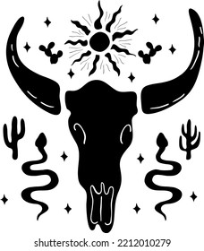 Black hand drawn silhouette illustration of desert vibes. T-shirt print design with buffalo skull, desert cactus, sun, snakes and stars. Vector clip art isolated on white background.