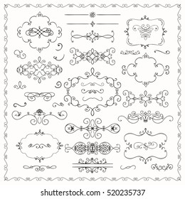 Black Hand Drawn Sketched Decorative Doodle Design Elements. Frames, Text Frames, Dividers, Swirls, Borders, Banners. Vector Illustration