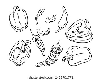 Conjunto de pimiento negro dibujado a mano. Doodle contorno entero y cortar verduras para una alimentación saludable sobre fondo blanco. Ideal para colorear páginas, tatuaje, patrón