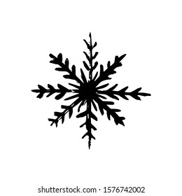 Black hand drawn snowflake isolated on white background. Design element for Christmas and New Year banners and postcards. Print for poster, t-shirt, bag, card, sweatshirt, flyer, clothes. Vector