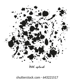 Black hand drawn splashes ink blobs and paint spots on white isolated background in vector. Black and white grunge hand drawn pattern