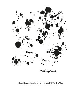 Black hand drawn splashes ink blobs and paint spots on white isolated background in vector. Black and white grunge hand drawn pattern