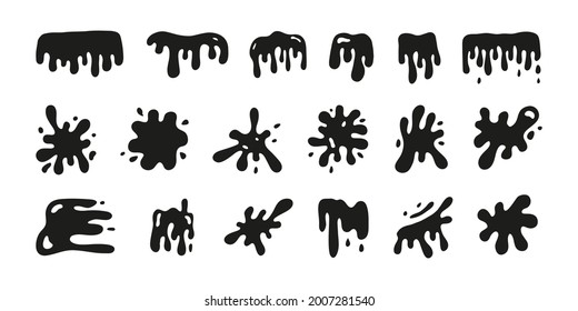 Black hand drawn splashes and stains of various shapes isolated on white background. Modern vector illustration