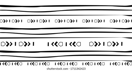 Black hand drawn stripes seamless monohrome pattern. Different elements