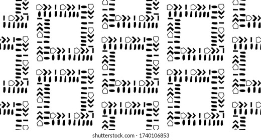 Black hand drawn stripes seamless monohrome pattern. Different elements