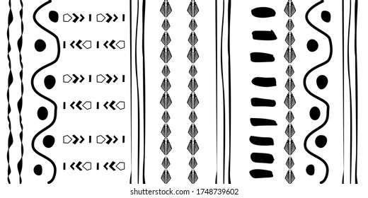 Black hand drawn stripes seamless monochrome pattern. Different elements 