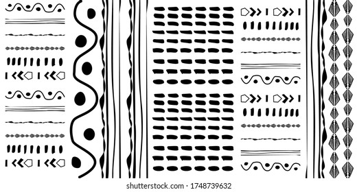 Black hand drawn stripes seamless monochrome pattern. Different elements 