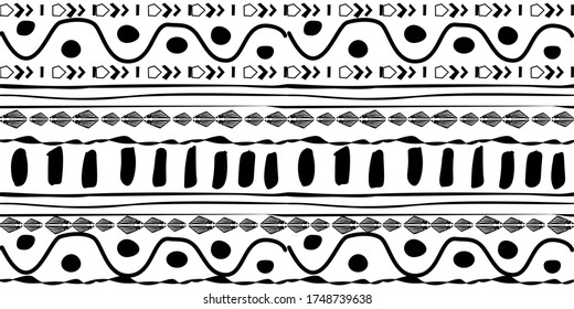 Black hand drawn stripes seamless monohrome pattern. Different elements