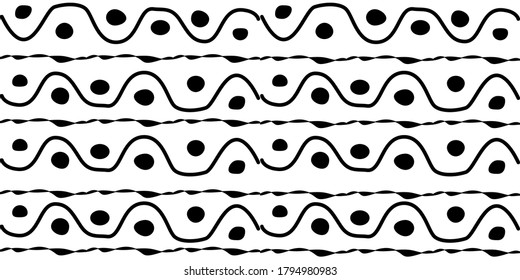 Black hand drawn stripes seamless monohrome pattern. Different elements