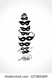 Black hand drawn template carnival masks. Masquerade masks original graphic pattern imitation of painting with brush and ink.