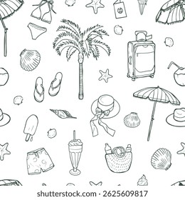 Black Hand Drawn Travel Beach Items Pattern, Coastal Design