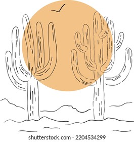 La mano negra dibujó dos cactus de saguaro con un enorme sol naranja y un pájaro volador. Diseño de impresión vectorial minimalista de vibraciones desérticas. Ilustración de arte en línea del suroeste estadounidense.