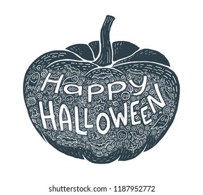 Black hand drawn vector pumpkin silhouette with lettering and doodle halloween symbols inside