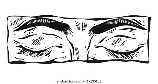 Black hand drawn vector sketched silhouettes of eyebrows and eyes isolated on white background. Closed eyes.