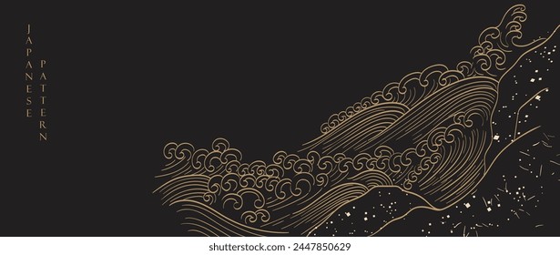 Black hand drawn wave with Japanese pattern vector. Abstract art line background in vintage style. Chinese new year banner and card design. Contemporary shapes in vintage template design