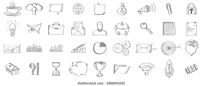 Black hand drawn web icons collection on white background