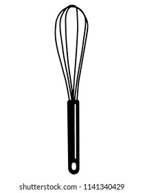 Black hand drawn whisk kitchen utensil. Egg beater graphic emblem on a white background. Culinary symbol. Vector illustration