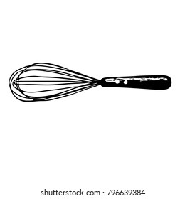 Black hand drawn whisk kitchen utensil. Egg beater graphic emblem on a white background. Culinary symbol. Vector illustration