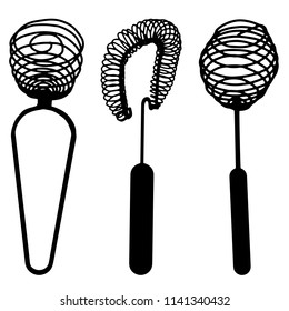 Black hand drawn whisk set kitchen utensil. Egg beater graphic emblem on a white background. Culinary symbol. Vector illustration