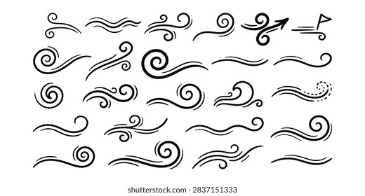Black Hand Drawn Wind and Air Gusts Set Vector Graphic with Swirls, Flowing Lines, Breezes, and Design Assets