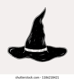 Black hand drawn witch hat illustration. Graphic sketch for posters, tattoo, clothes, t-shirt design, pins, patches, badges, stickers.