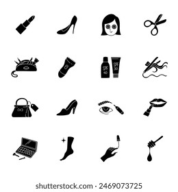 black hand drawn women beauty treatment icon set