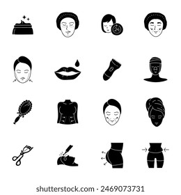 black hand drawn women beauty treatment icon set