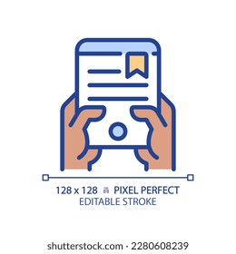 Black hand with ebook pixel perfect RGB color icon. Reading literature via electronic device. Access to digital library. Isolated vector illustration. Simple filled line drawing. Editable stroke