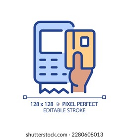 Black hand with EDC device pixel perfect RGB color icon. POS terminal for payment with credit cards. Digital banking. Isolated vector illustration. Simple filled line drawing. Editable stroke