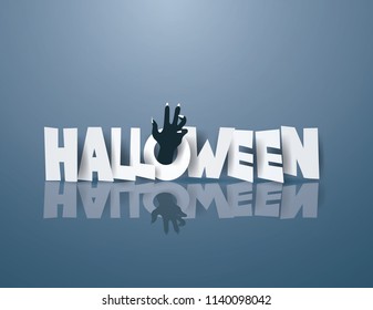 Black hand emerges from the text HALLOWEEN on the blue background,paper craft style vector and illustration