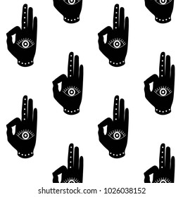 black hand with eye mudra buddhism hinduism symbol pattern seamless vector.