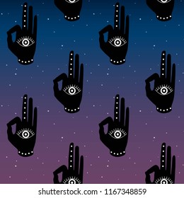 black hand with eye mudra on a blue and purple sky  background night space stars buddhism hinduism symbol pattern seamless yoga India meditation hipster vector.