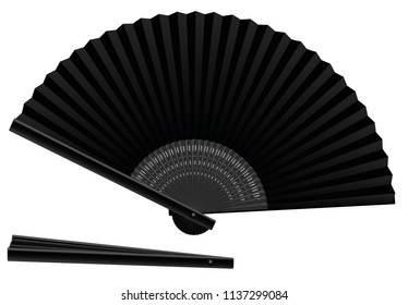 Black hand fan, open and closed, three-dimensional, realistic - isolated vector illustration on white background.