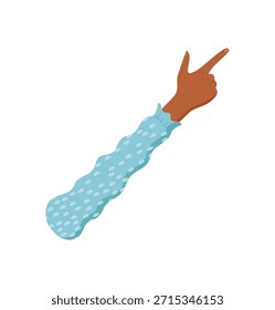 Gesto de mano negro en estilo gráfico de dibujos animados planos. Levantó la señal de dos dedos para mostrar el conteo o el número. Brazo con manga en pose de exhibición simple, claro y aislado para usos educativos o de anuncio.