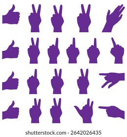 Black Hand Gesture Icons Vector Set – Peace Sign, Thumbs Up, Pointing, Fist, and Handshake Silhouettes