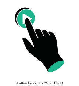 Black hand with green accents pressing a green play button icon on white background