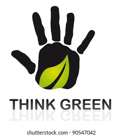 black hand with green leaf over white background. vector