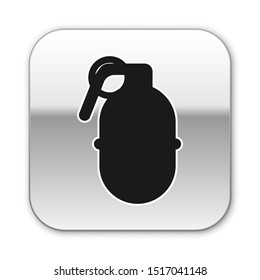 Black Hand grenade icon isolated on white background. Bomb explosion. Silver square button. Vector Illustration