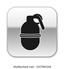 Black Hand grenade icon isolated on white background. Bomb explosion. Silver square button. Vector Illustration