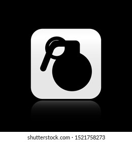 Black Hand grenade icon isolated on black background. Bomb explosion. Silver square button. Vector Illustration