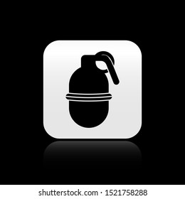 Black Hand grenade icon isolated on black background. Bomb explosion. Silver square button. Vector Illustration