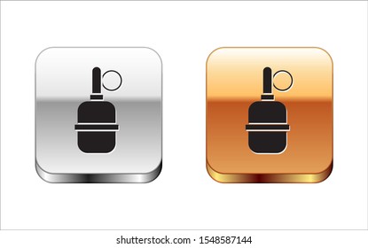 Black Hand grenade icon isolated on white background. Bomb explosion. Silver-gold square button. Vector Illustration