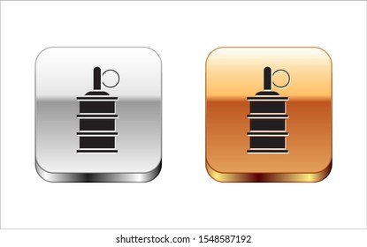 Black Hand grenade icon isolated on white background. Bomb explosion. Silver-gold square button. Vector Illustration