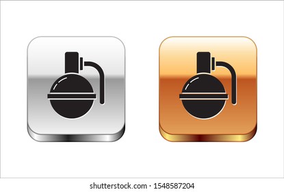 Black Hand grenade icon isolated on white background. Bomb explosion. Silver-gold square button. Vector Illustration