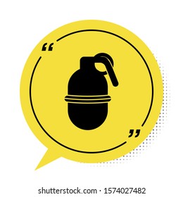 Black Hand grenade icon isolated on white background. Bomb explosion. Yellow speech bubble symbol. Vector Illustration