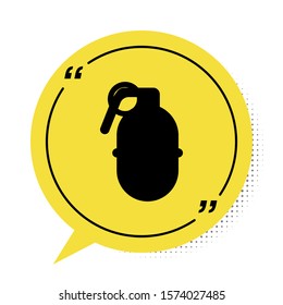 Black Hand grenade icon isolated on white background. Bomb explosion. Yellow speech bubble symbol. Vector Illustration